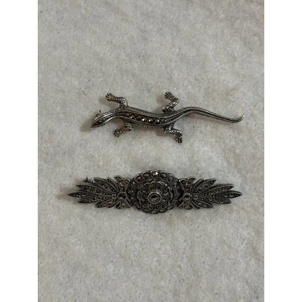 Vintage 925 Sterling Silver Marcasite 2 Brooch Pair Gecko Lizard Floral Bar Pins